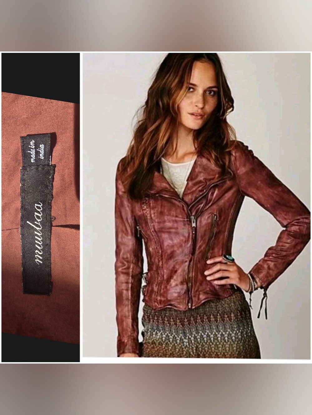 Muuba 100% Leather Cherry Cola Fitted Vintage Wash Moto.Jacket 36 2 /4